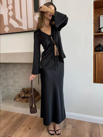 Flared Sleeve Lace-Up Top And Fishtail Skirt Set