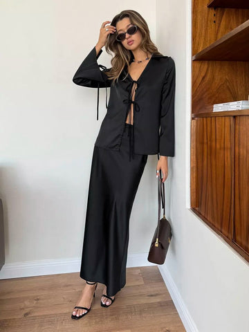 Flared Sleeve Lace-Up Top And Fishtail Skirt Set