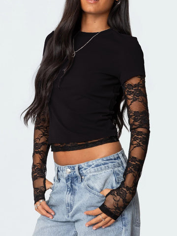 Lace Sleeves With Two Round-Neck T-Shirts