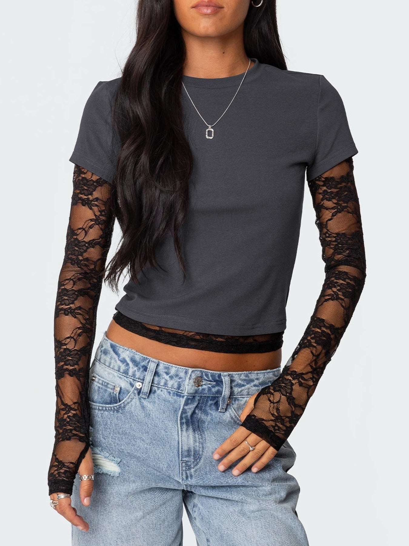 Lace Sleeves With Two Round-Neck T-Shirts