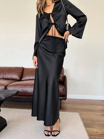 Flared Sleeve Lace-Up Top And Fishtail Skirt Set
