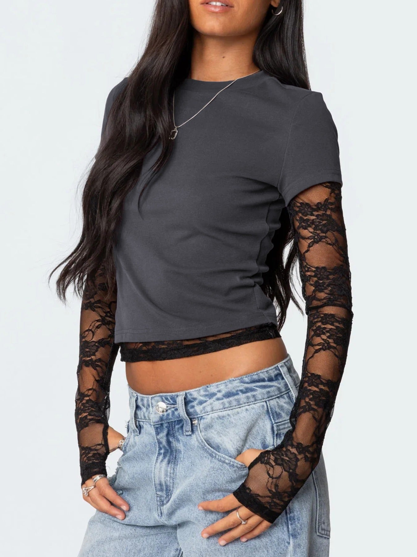 Lace Sleeves With Two Round-Neck T-Shirts