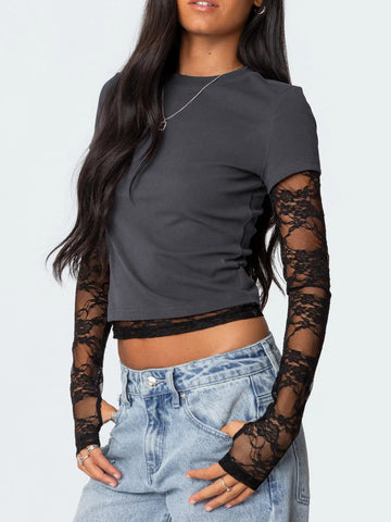 Lace Sleeves With Two Round-Neck T-Shirts