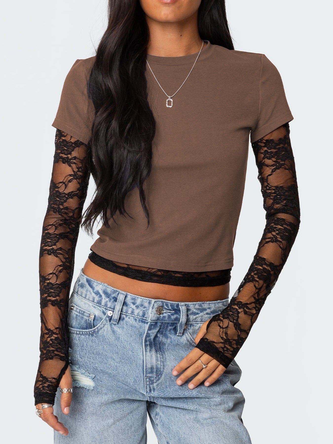 Lace Sleeves With Two Round-Neck T-Shirts