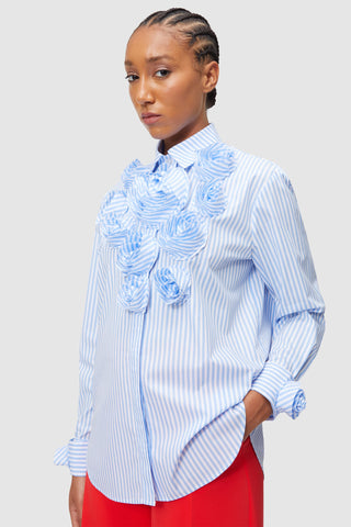 ROMANTIC ROSETTE APPLIQUE COLLARED BUTTON UP LONG SLEEVE CREPE COTTON SHIRT - BLUE