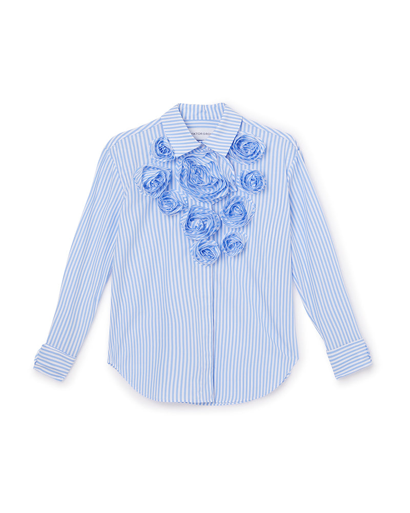 CHEMISE EN CRÊPE DE COTON À MANCHES LONGUES AVEC APPLIQUE ROSETTE ROMANTIQUE ET COL BOUTONNÉ - BLEU