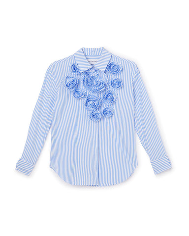 ROMANTIC ROSETTE APPLIQUE COLLARED BUTTON UP LONG SLEEVE CREPE COTTON SHIRT - BLUE