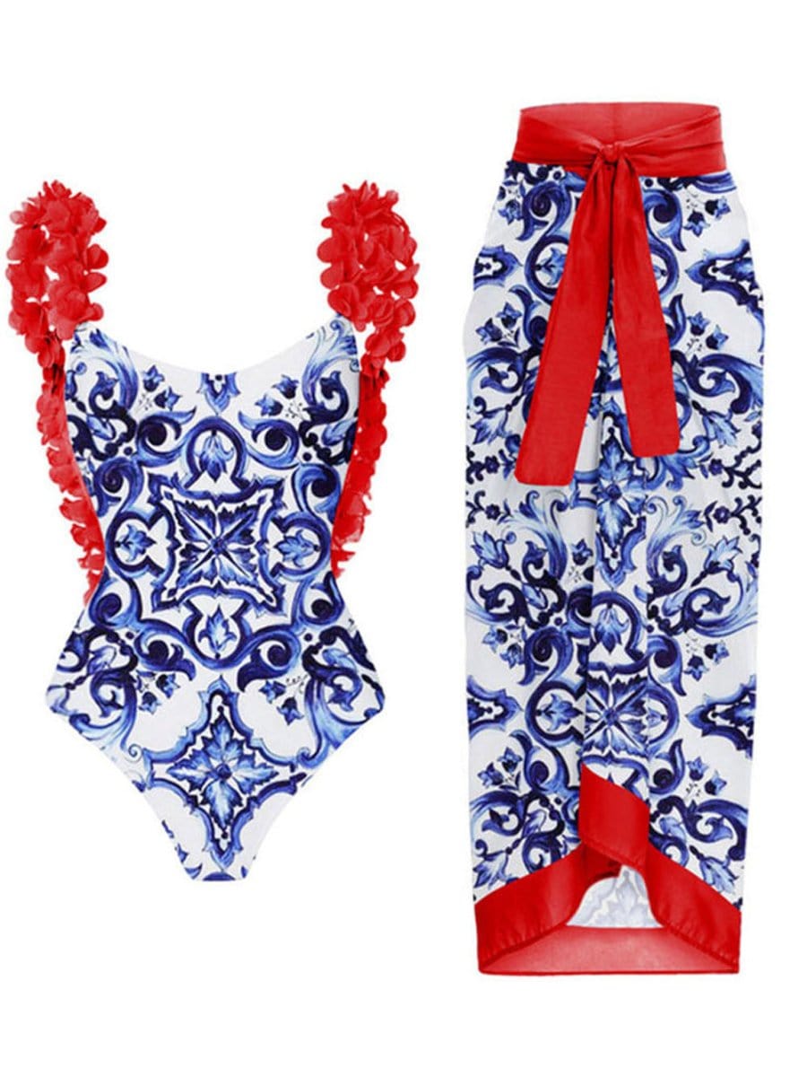 Penelope Floral Ruffle Swimsuit & Skirt Set