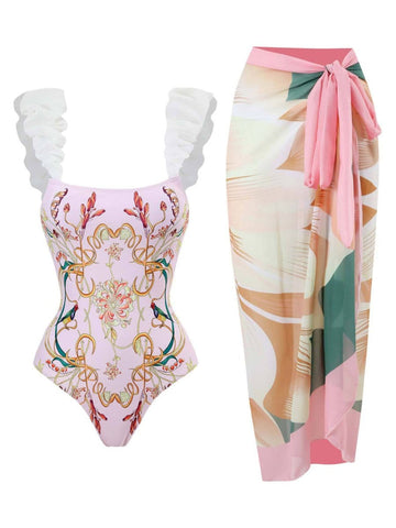 Penelope Floral Ruffle Swimsuit & Skirt Set