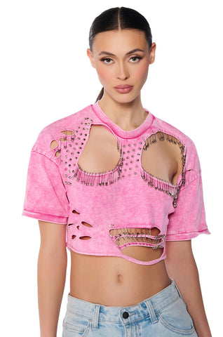 DISTRESSED STUDDED SHORT SLEEVE T SHIRT - Pink