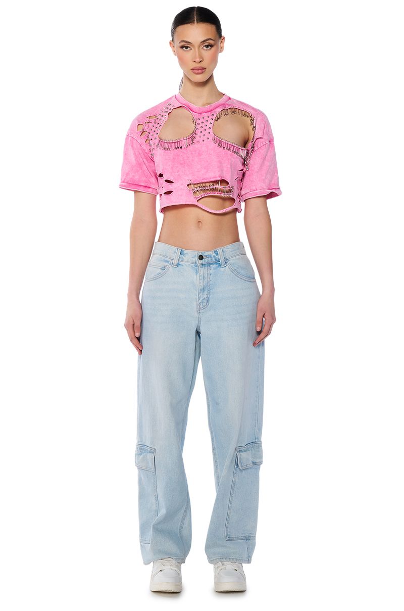 DISTRESSED STUDDED SHORT SLEEVE T SHIRT - Pink