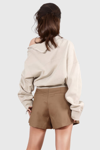 Edgy Off Shoulders Sweatshirt With Zippers  - Beige