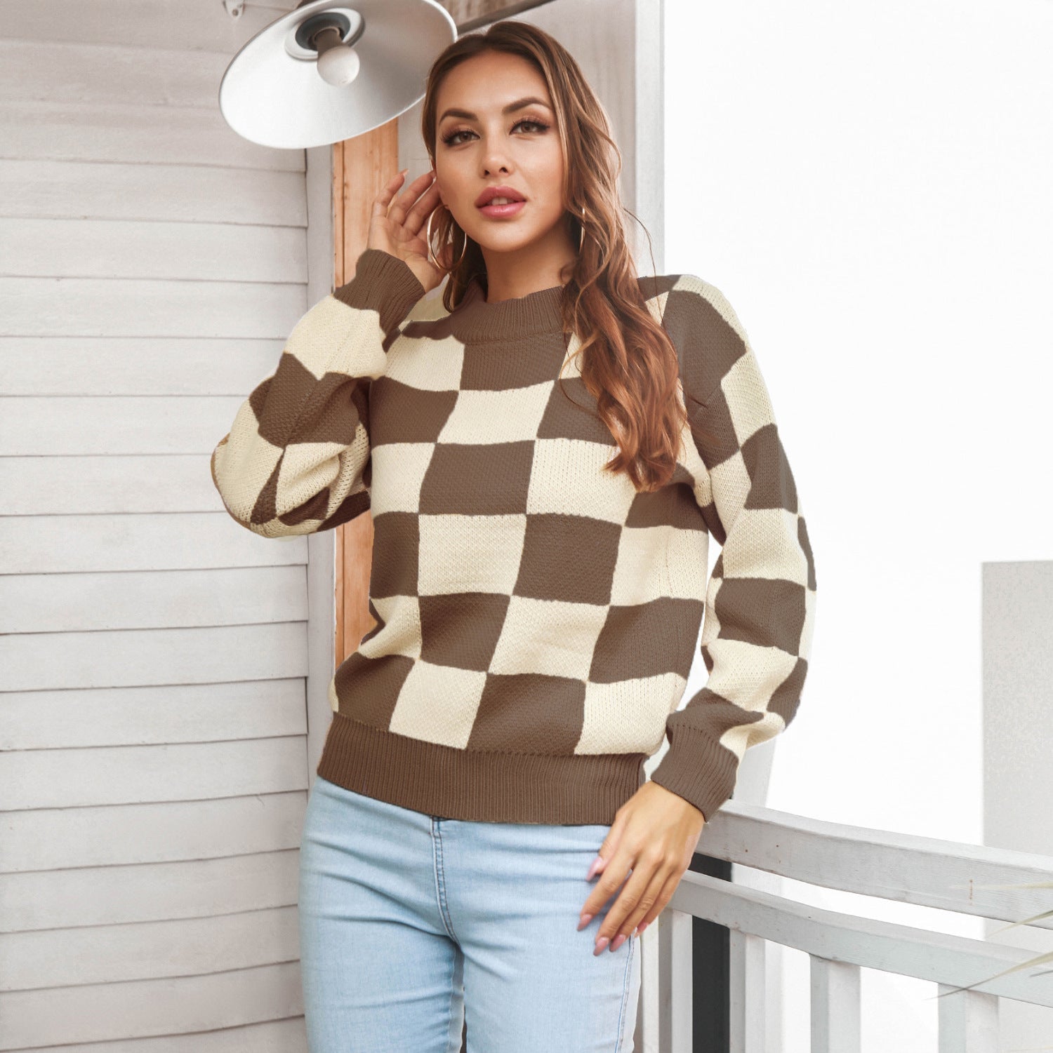 Checkered Two-Tone Dropped Shoulder Crewneck Sweater