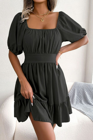 Square Neck Balloon Sleeve Ruffled Dress