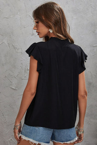 Tie Neck Flutter Sleeve Frill Trim Top
