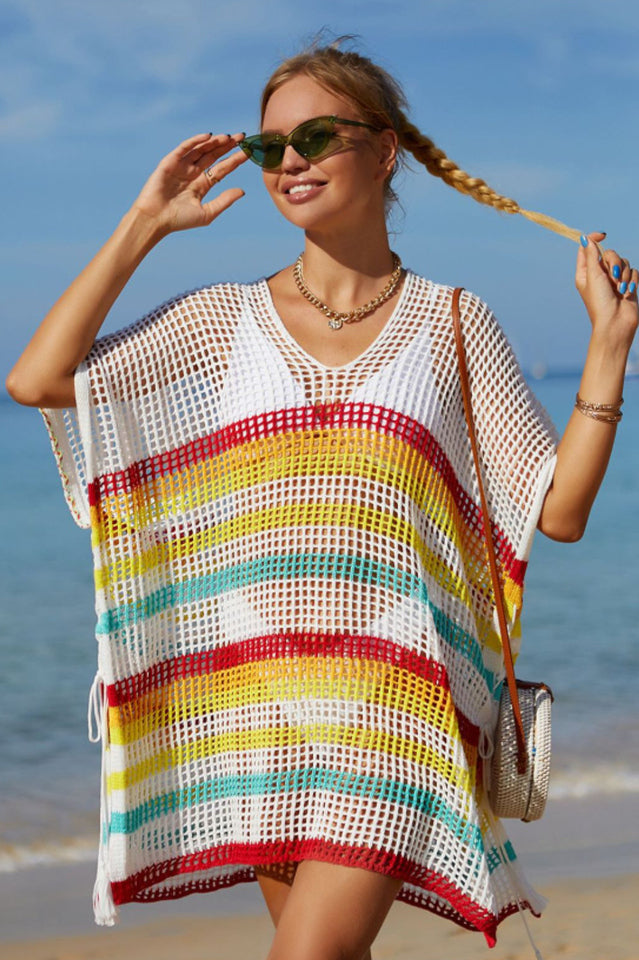 Rainbow Stripe Openwork Slit Cover Up