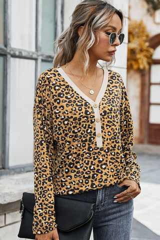 Leopard Buttoned Contrast Trim Top
