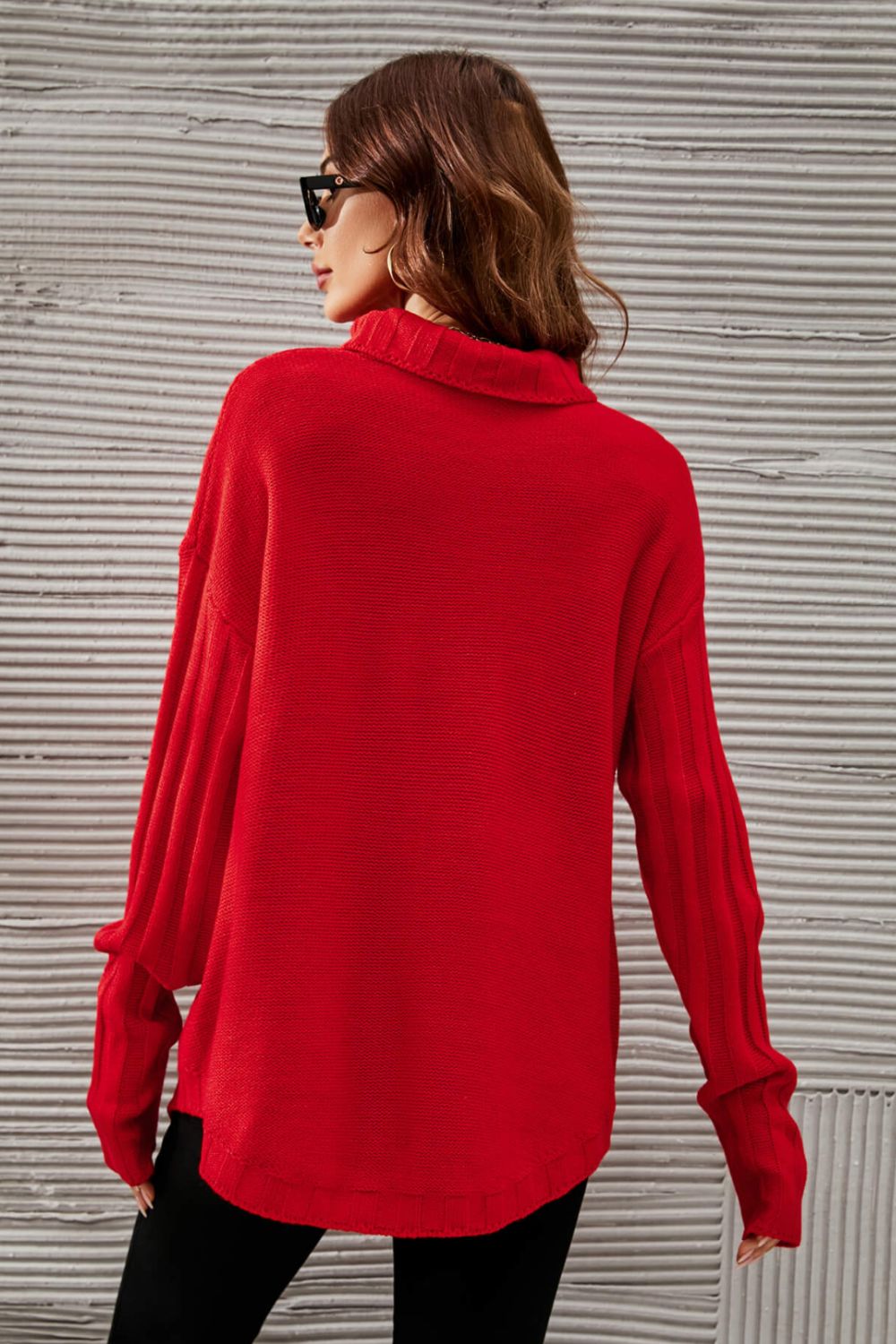 Turtleneck Ribbed Trim Tunic Sweater