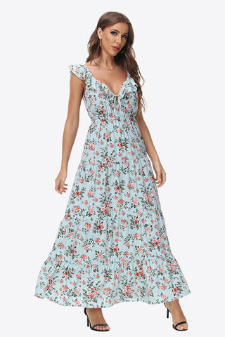 Robe longue fleurie à volants et épaules nouées