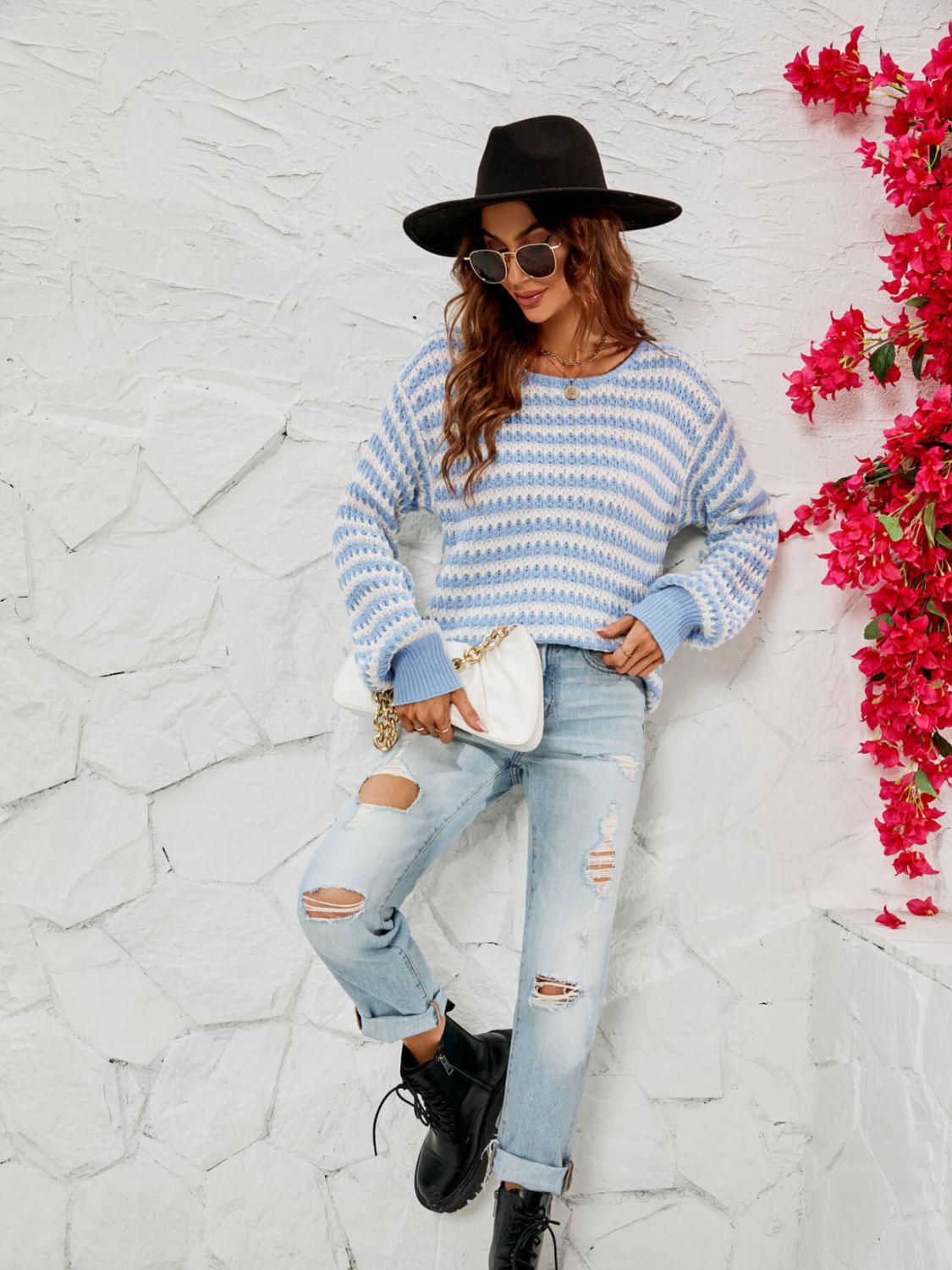 Striped Dropped Shoulder Tie-Back Sweater