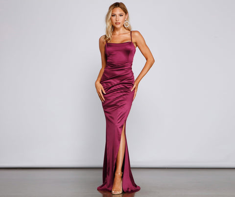 Evie Formal Ruched Satin Sleeveless Dress