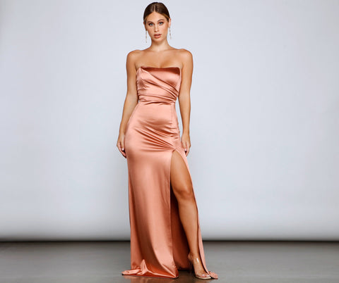 Gianna Strapless High-Slit Satin Dress