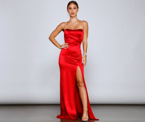 Gianna Strapless High-Slit Satin Dress