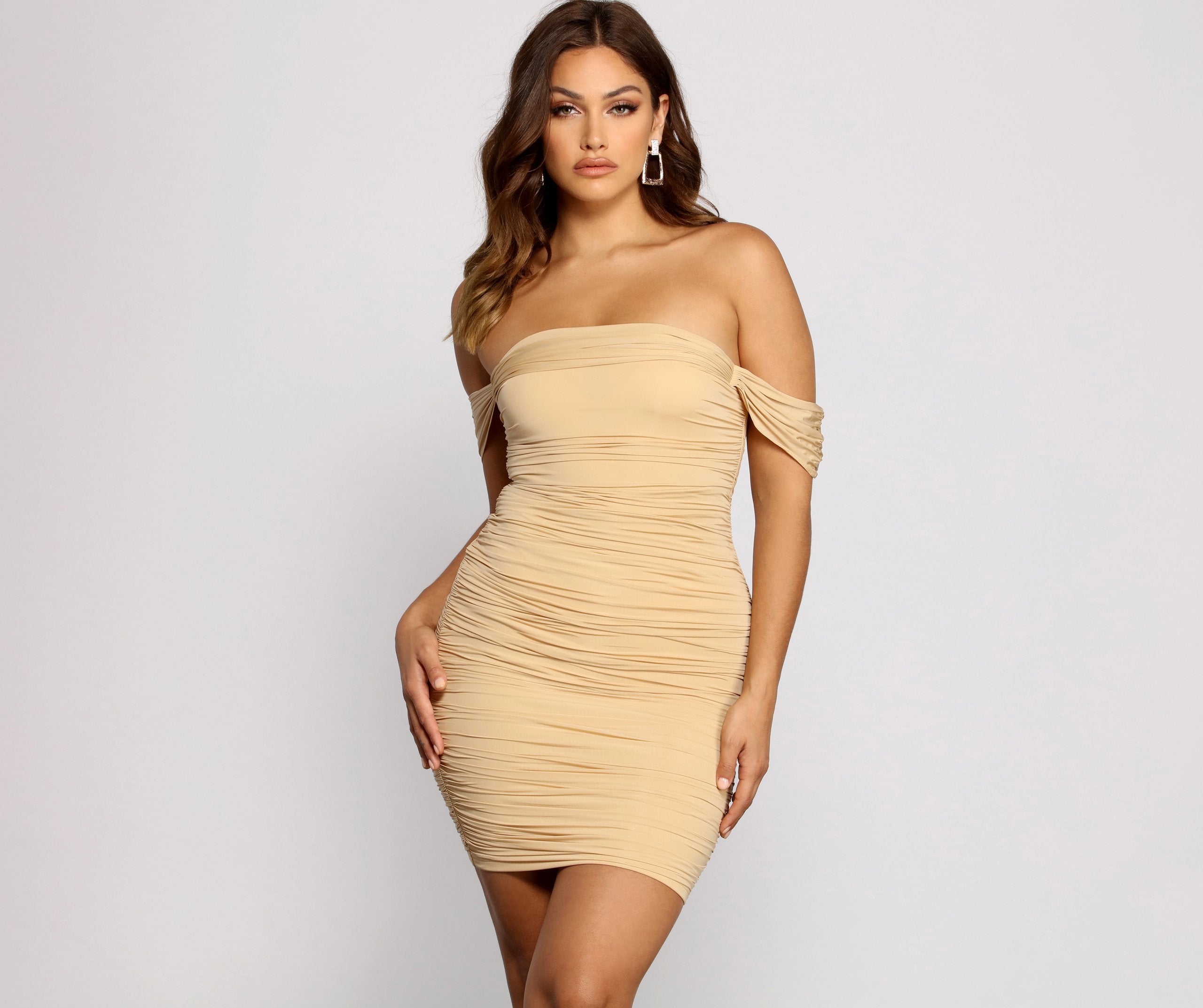 Sultry Appeal Ruched Off The Shoulder Mini Dress
