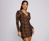 Sultry Ruched Snake Print Mini Dress