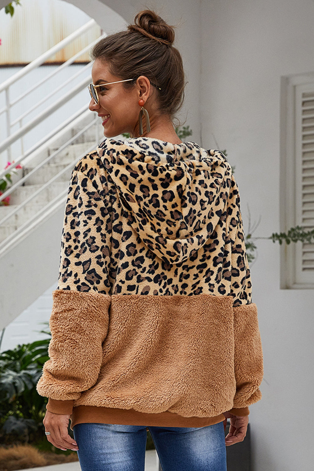 Spliced Leopard Drawstring Zip-Up Teddy Hoodie