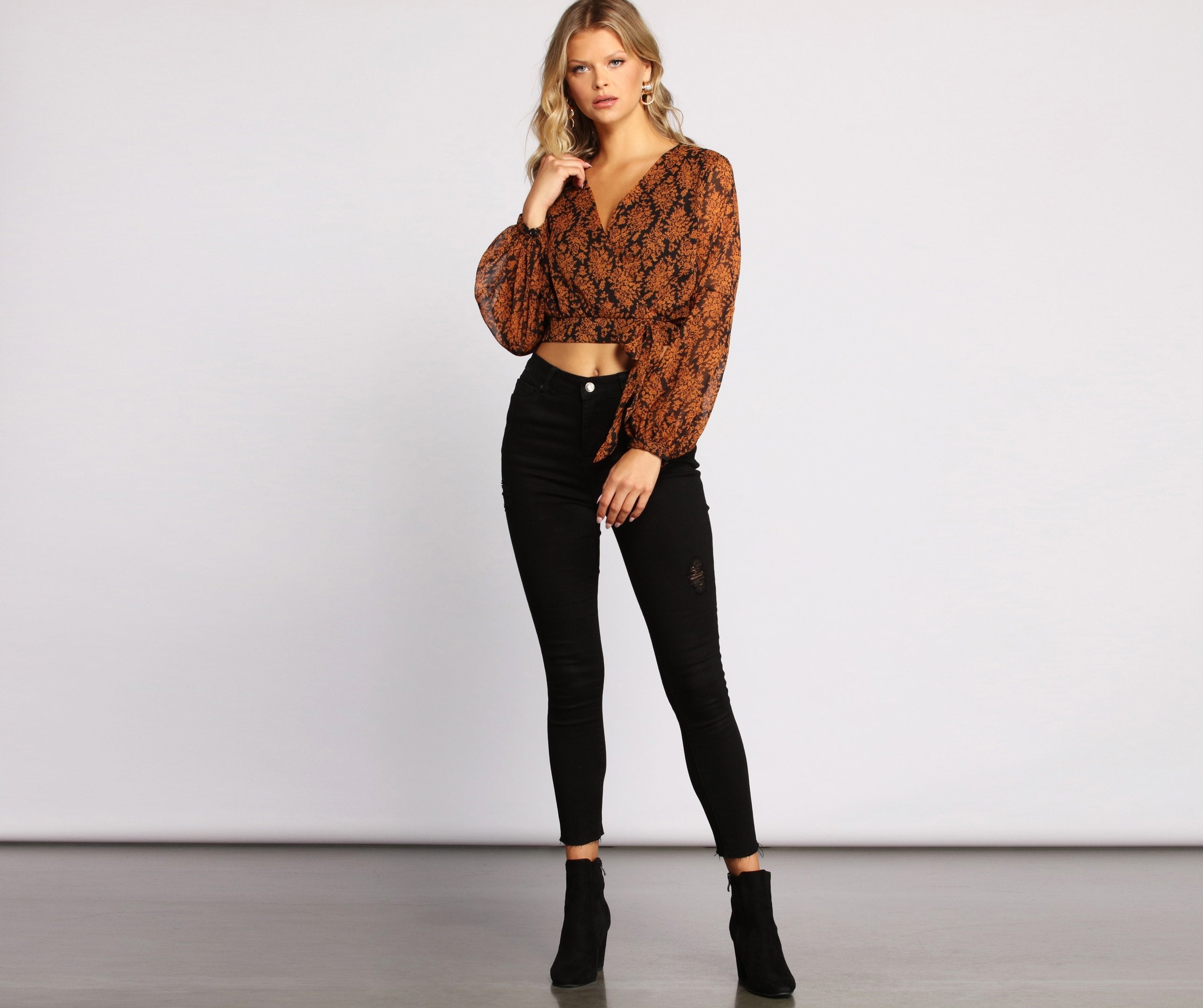Fall Floral Wrap Front Crop Top