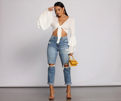 Woven Tie Front Bell Sleeve Crop Top