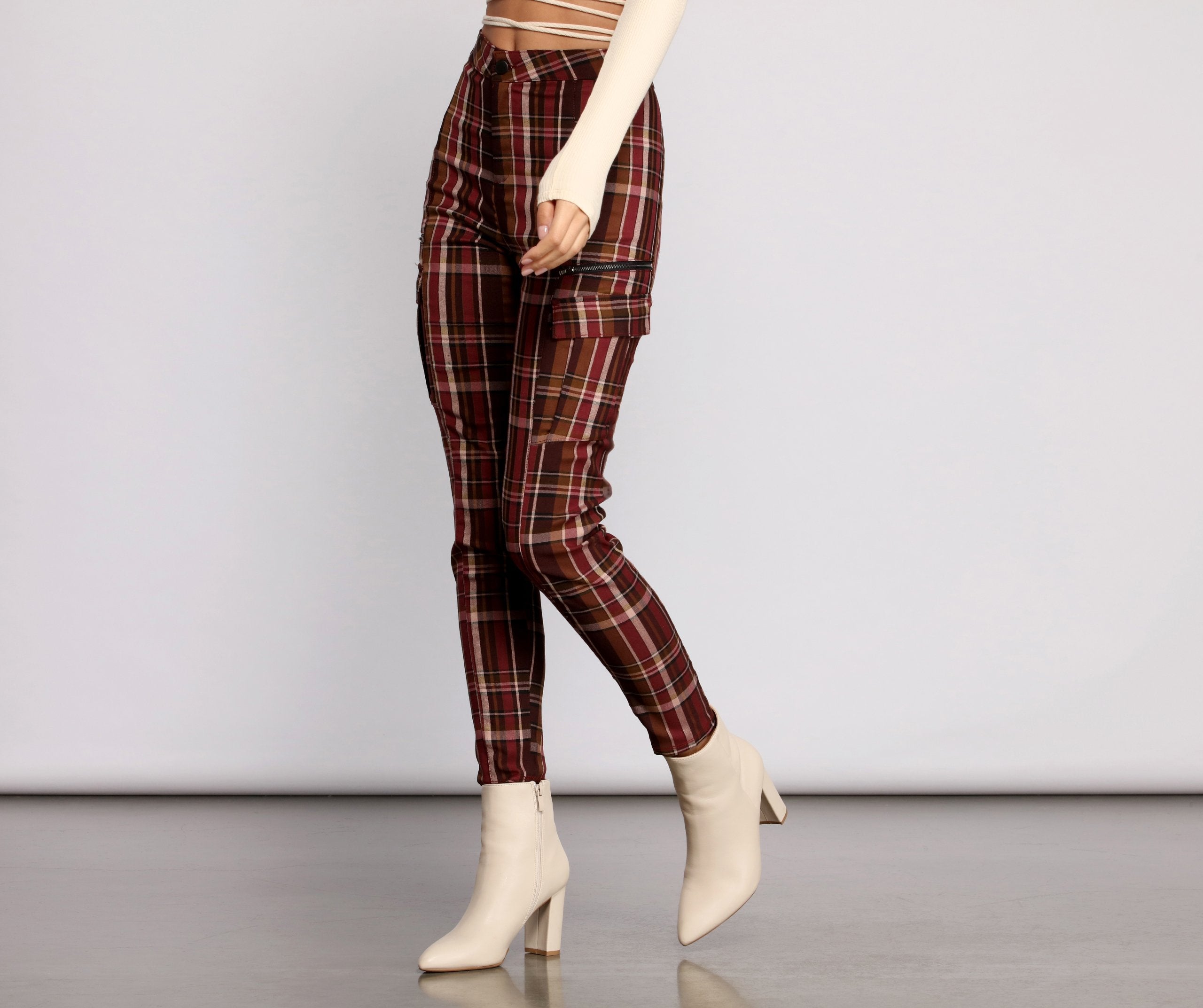 High Waist Plaid Cargo Skinny Pants