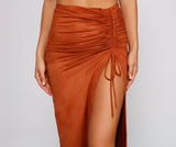 Faux Suede High Waist Ruched Midi Skirt