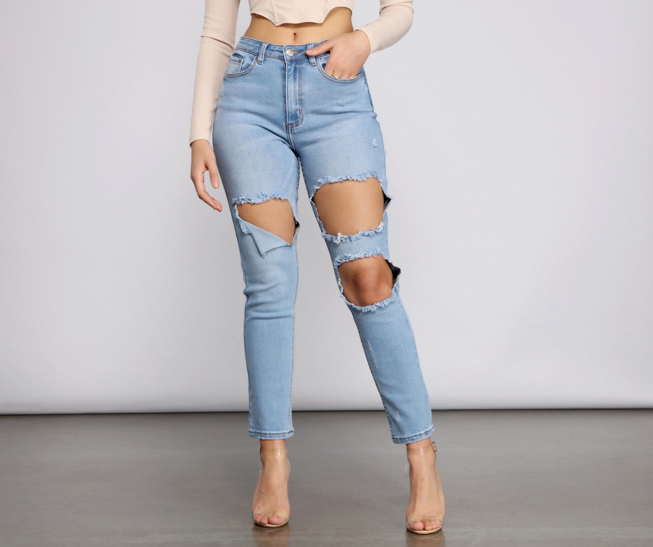 High Waist Trendy Cut Out Skinny Jeans