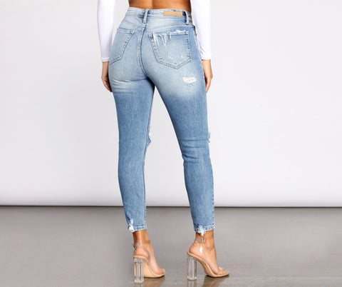 Jean skinny taille haute effet usé Mom