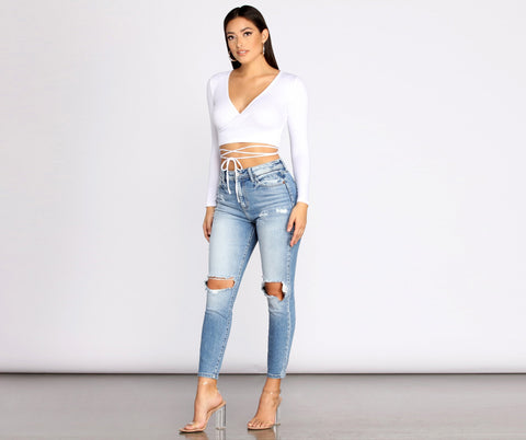 Jean skinny taille haute effet usé Mom