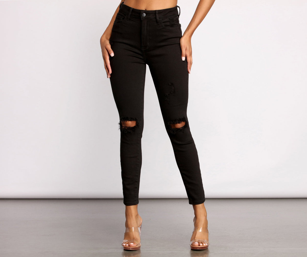 High Rise Knee Slit Skinny Jeans