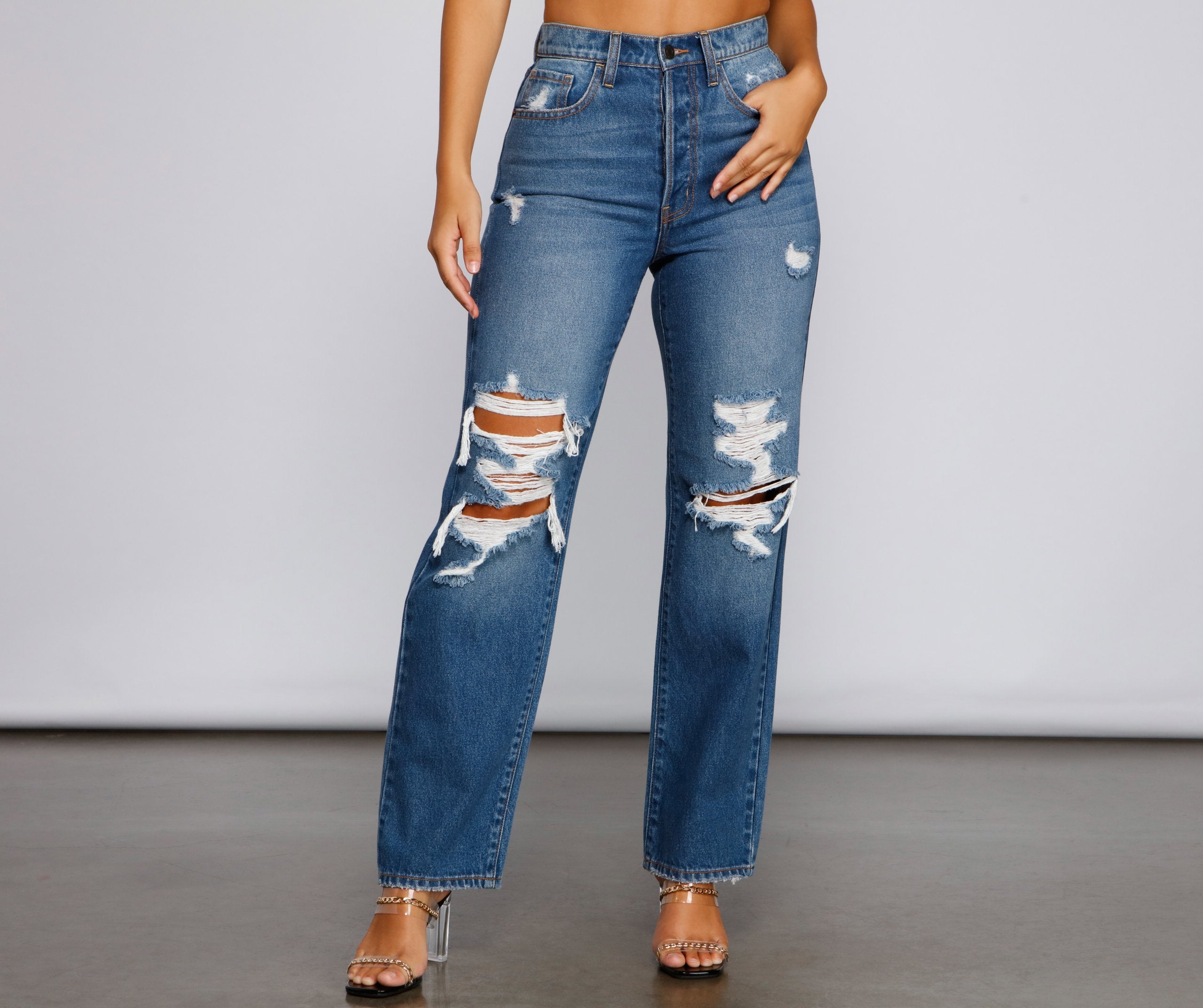 Gotta Be Chic High Rise Destructed Mom Jeans