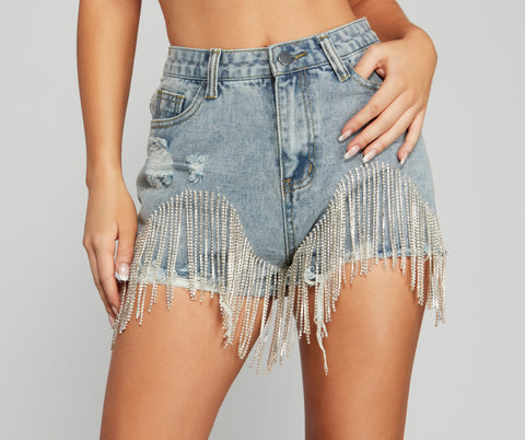 Short en jean taille haute à franges