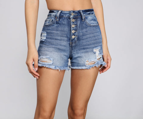 Edgy Chic High Rise Button Down Denim Shorts