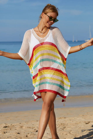 Rainbow Stripe Openwork Slit Cover Up