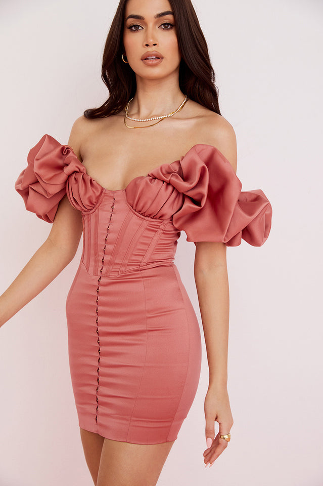 Rose Satin Ruffle Strapless Dress