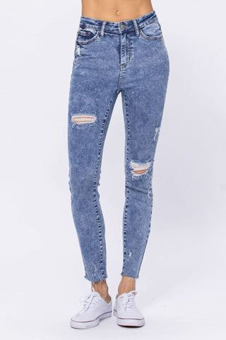 High Rise Acid Wash Destroyed Skinny Jeans