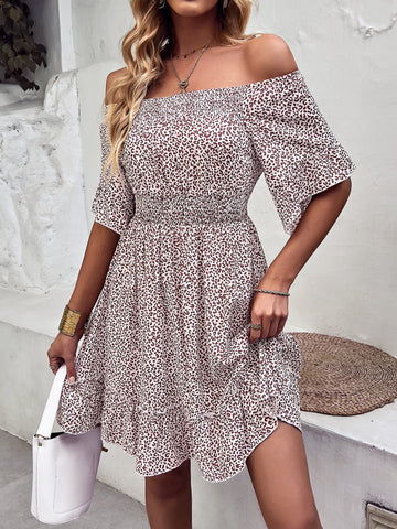 Leopard Print Off-Shoulder Frill Trim Mini Dress