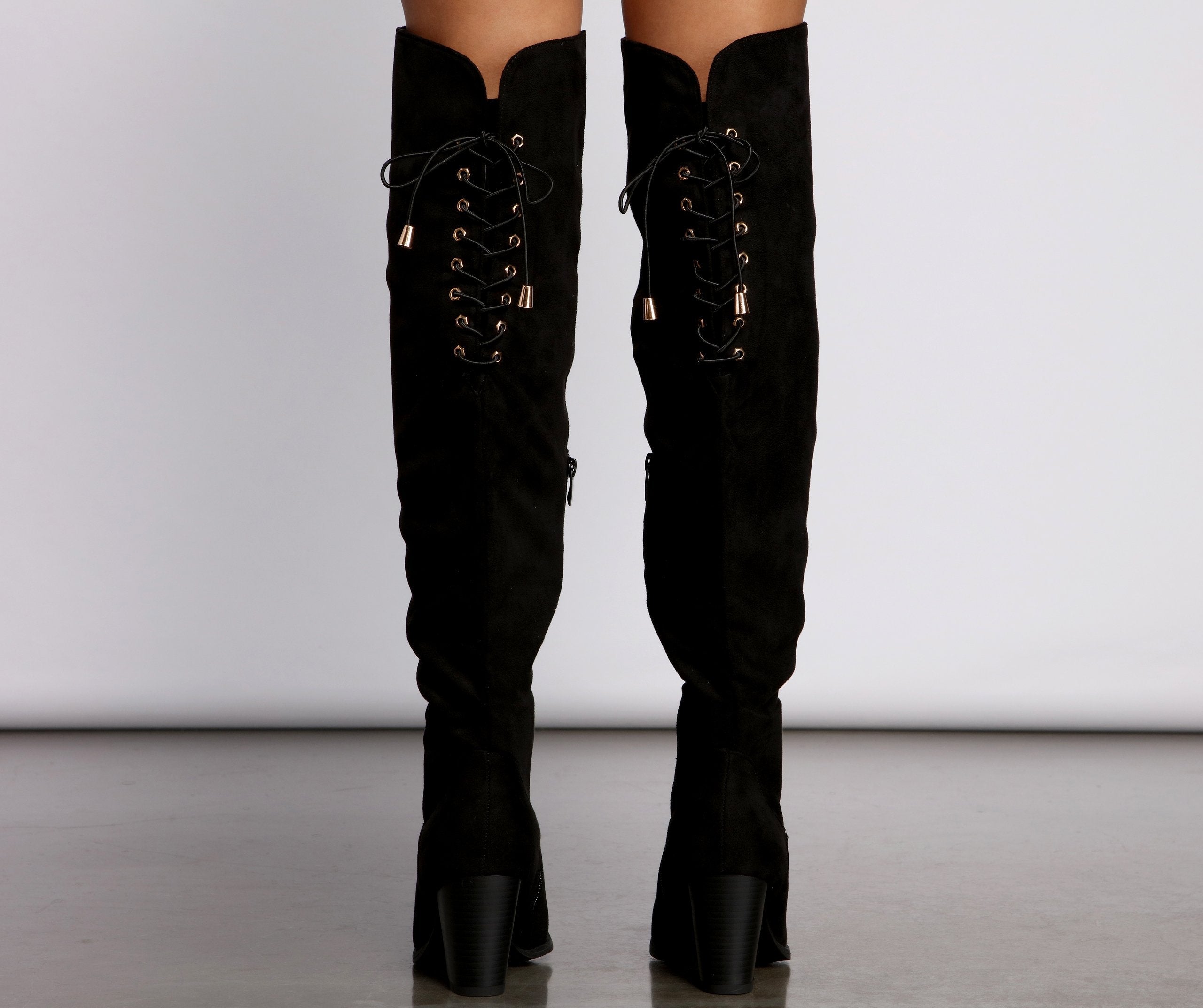 Faux Suede Lace-Up Stacked Heel Boots