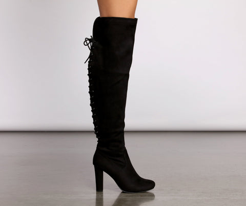 Lace Back Over The Knee Block Heeled Boots