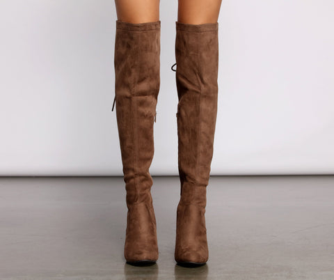 Lace Back Over The Knee Block Heeled Boots