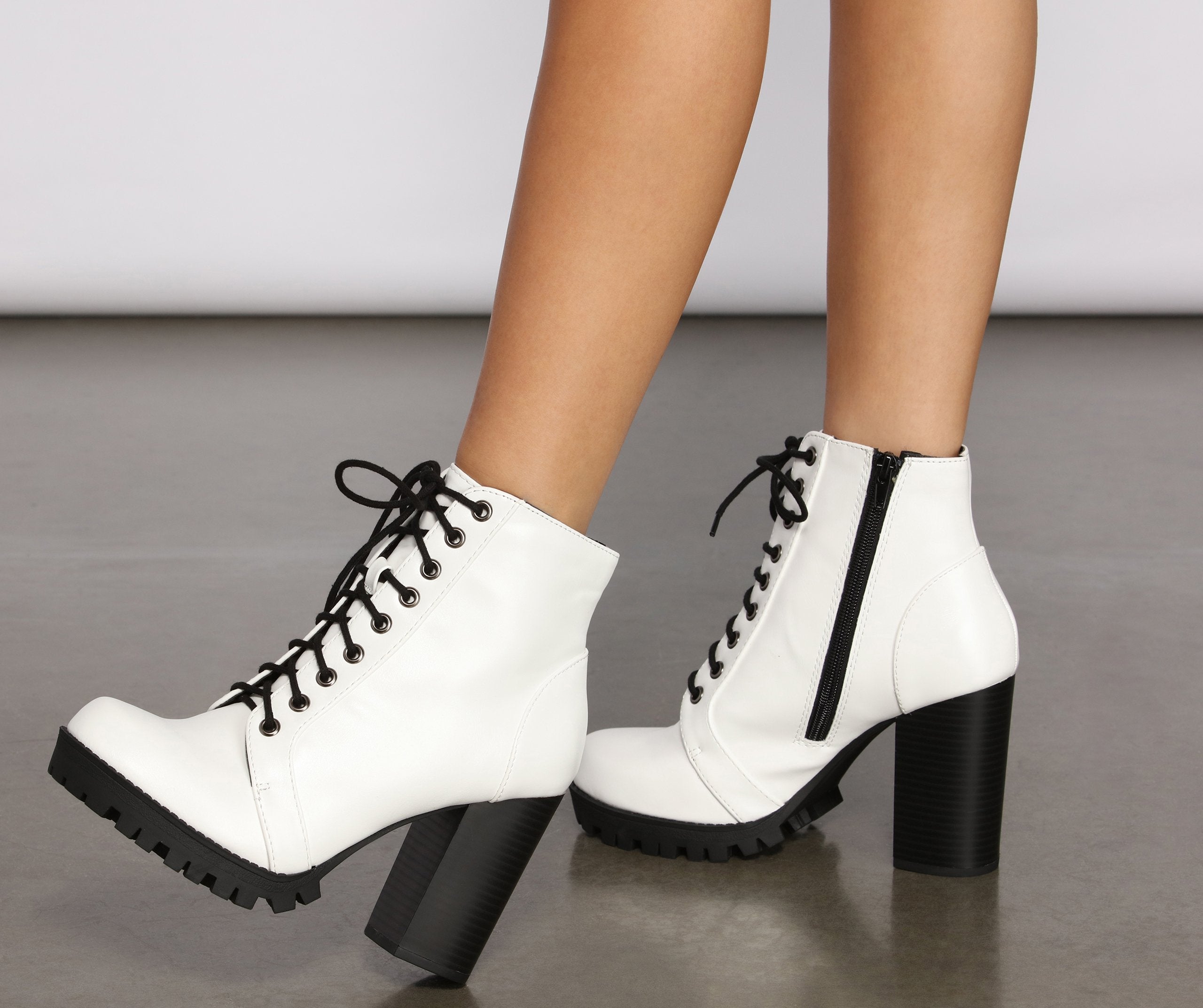 Faux Leather Lace Up Lug Booties
