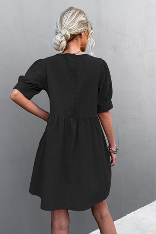 Buttoned Round Neck Puff Sleeve Dress